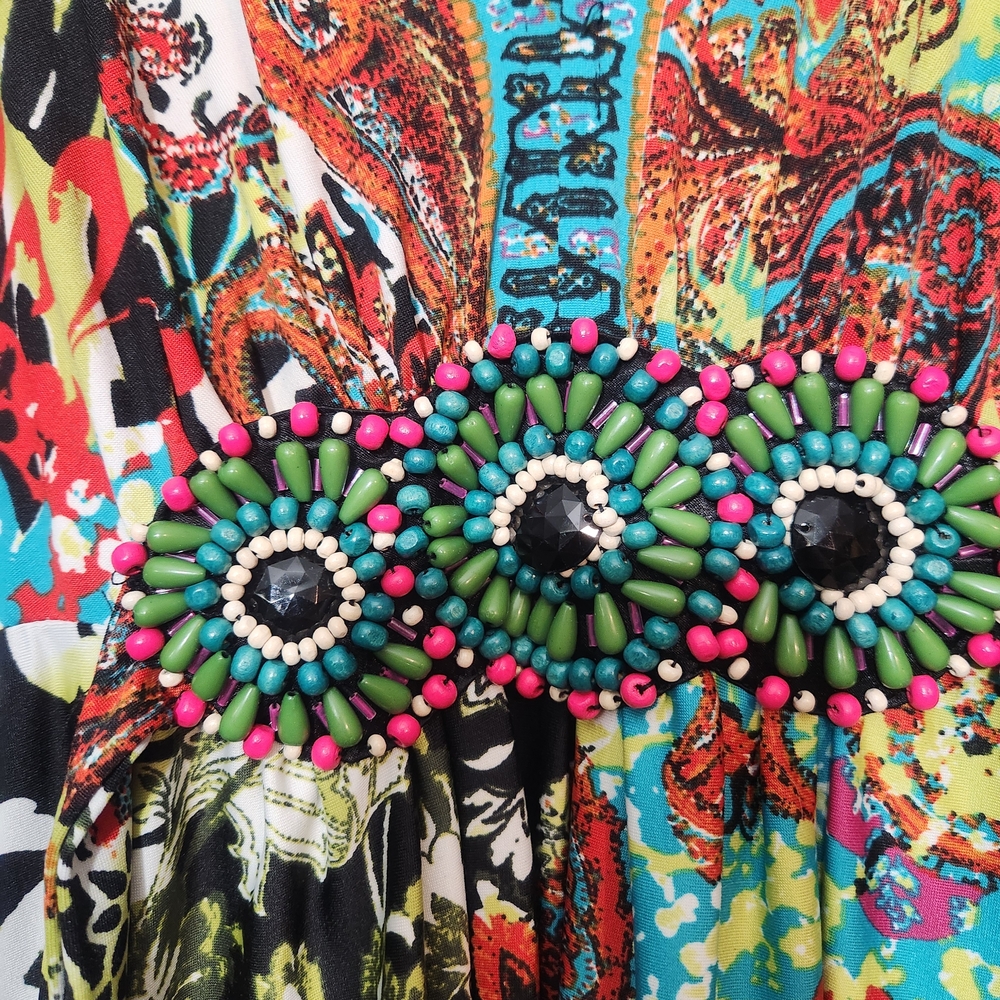 ECI Medallion Beaded Bodice Abstract Print Flowy Festival Maxi Sz 12 - Picture 3 of 16